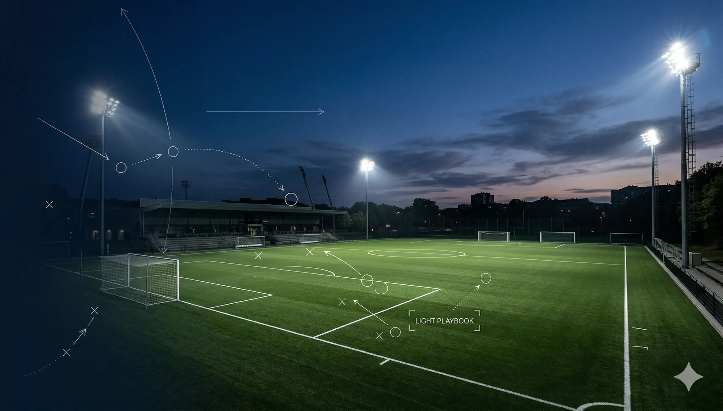 Beleuchteter Sportplatz bei Abenddämmerung mit taktischen Spielzug-Linien
