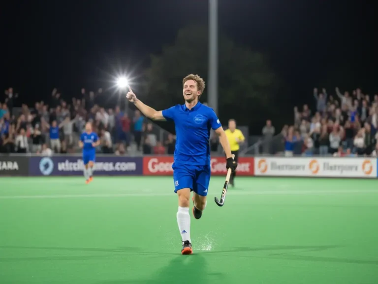 Hockeyspieler auf einem Feld mit Zuschauer im Hintergrund